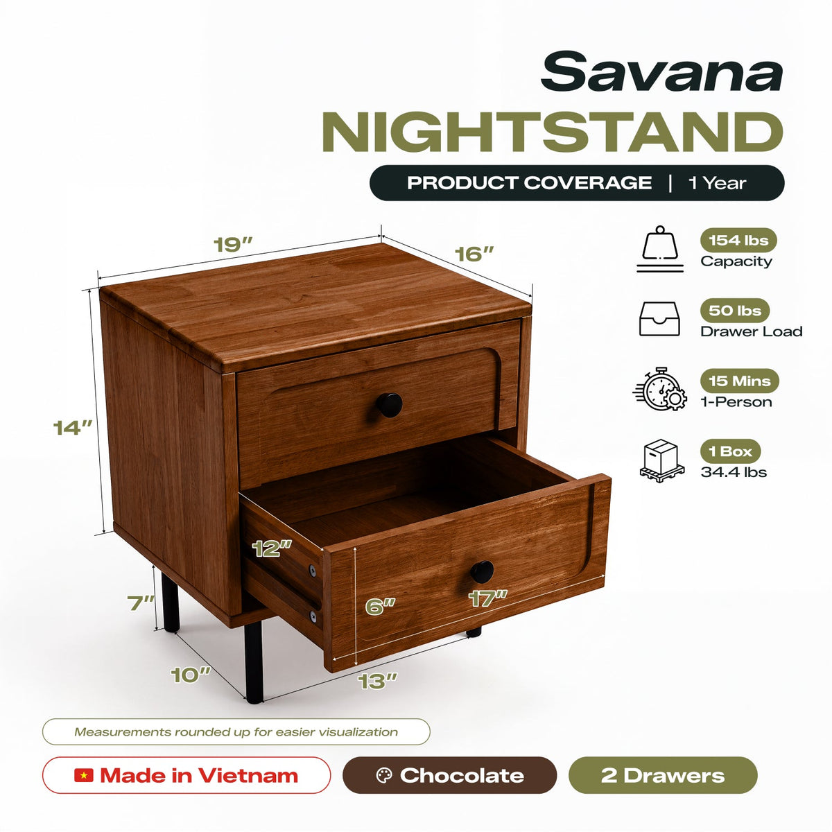 Savana Two Drawers Solid Wood Nightstand