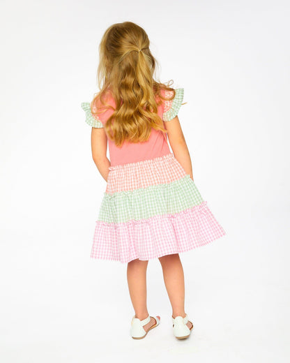 Organic Cotton Bi-Material Dress Coral And Gingham