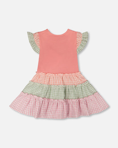 Organic Cotton Bi-Material Dress Coral And Gingham