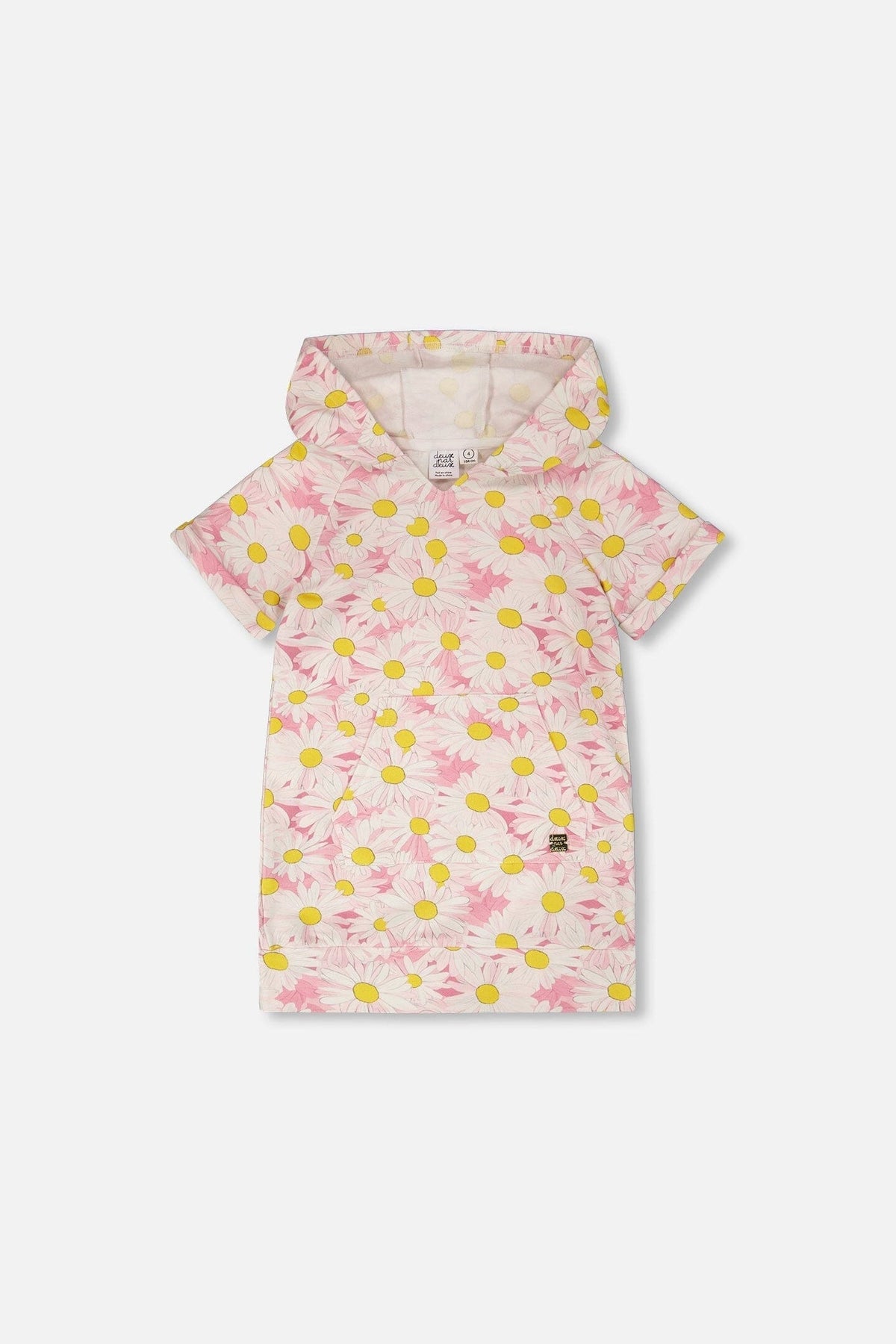 French Terry Hooded Dress Pink Printed Daisies