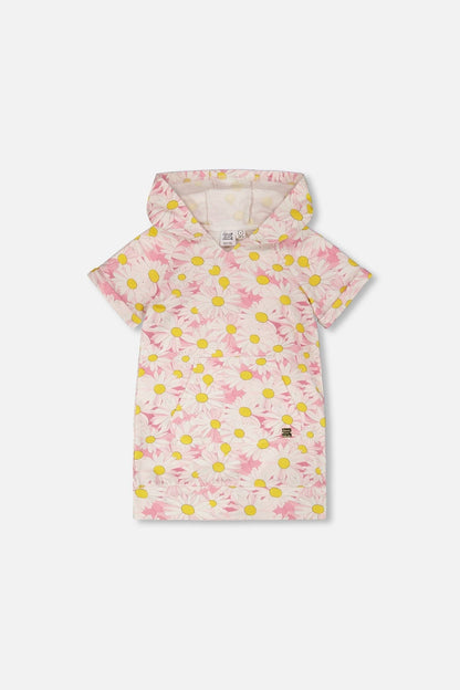 French Terry Hooded Dress Pink Printed Daisies