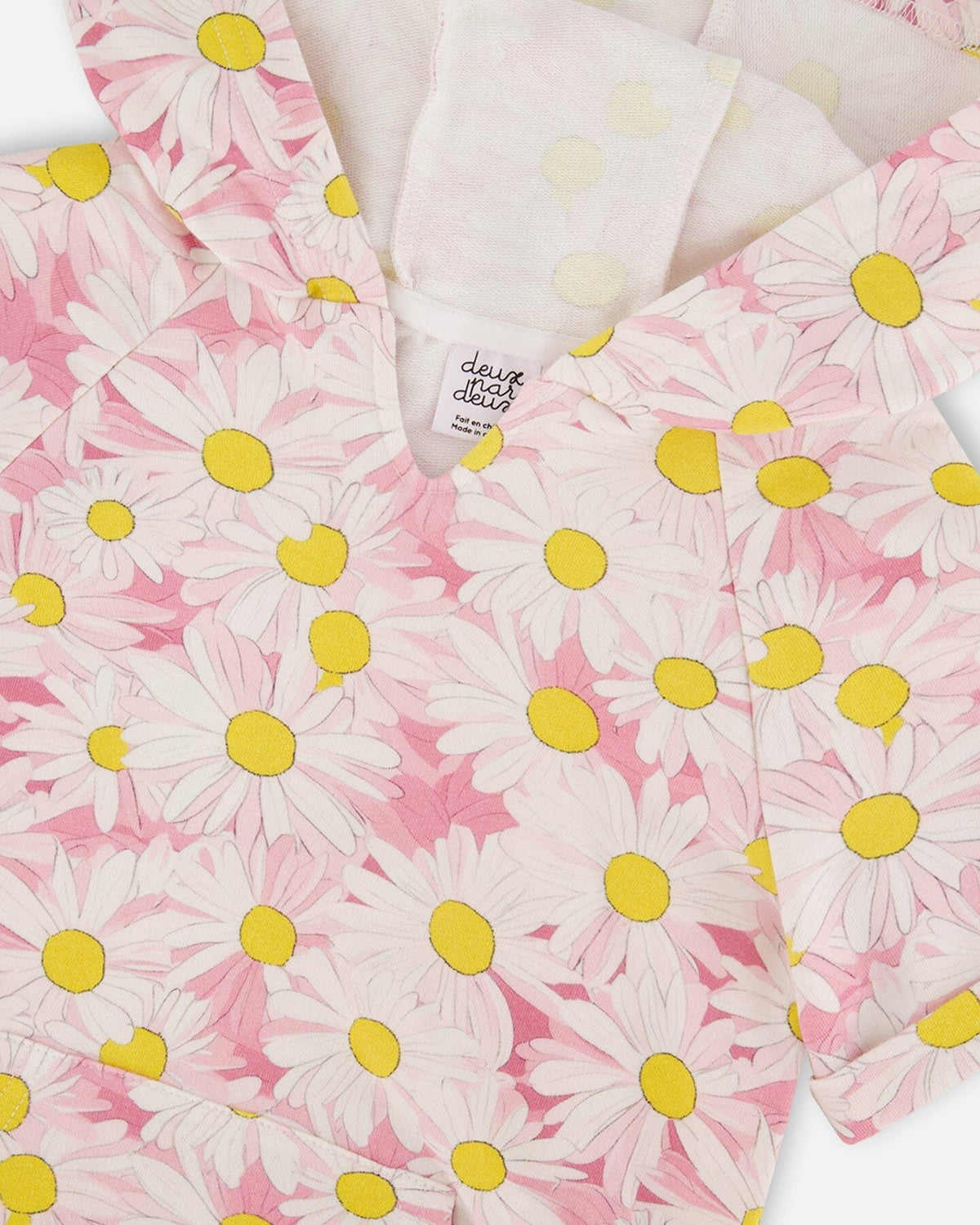 French Terry Hooded Dress Pink Printed Daisies