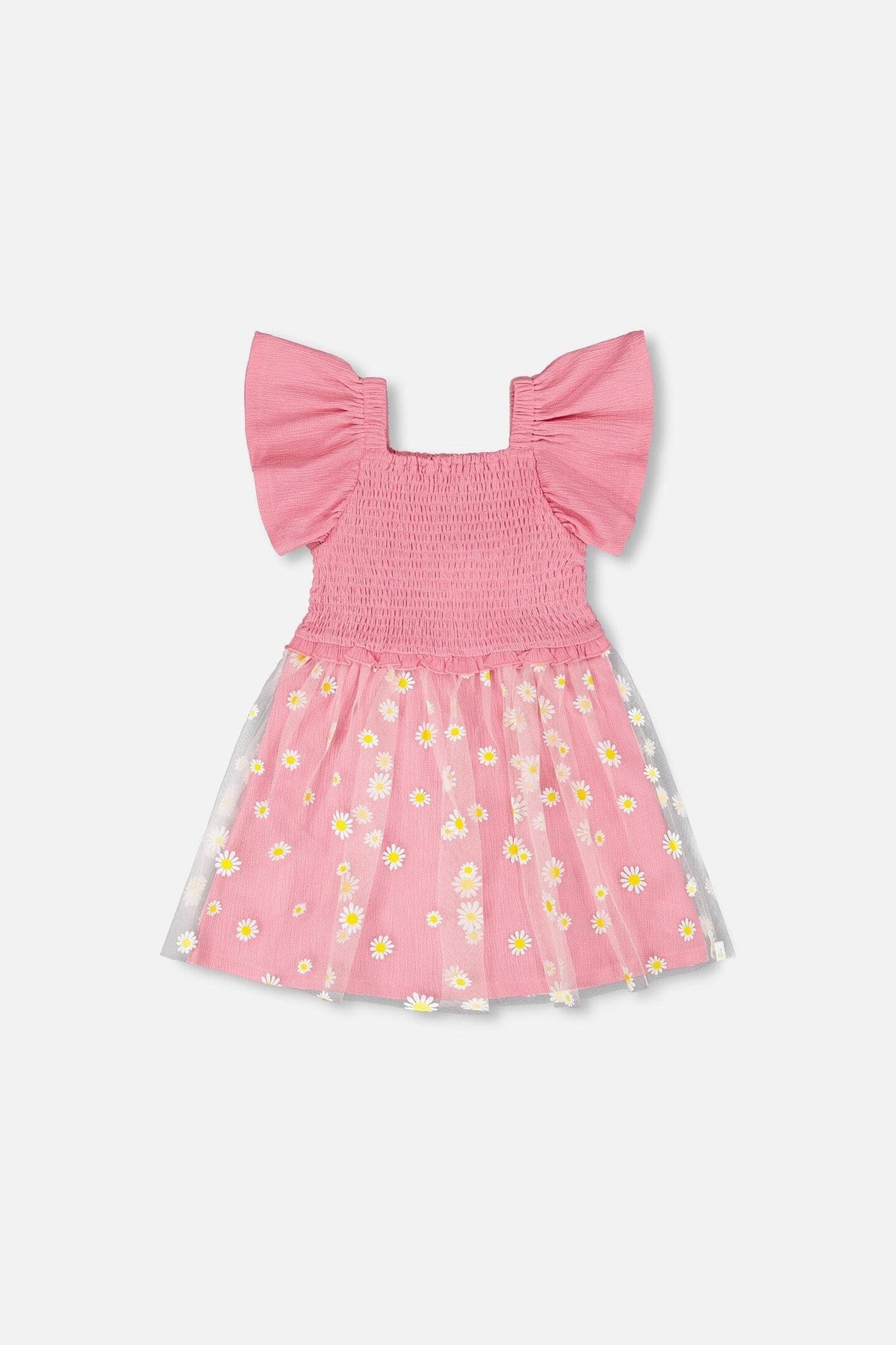 Mesh And Crinkle Jersey Dress With Smocking Pink