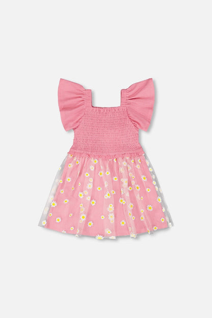 Mesh And Crinkle Jersey Dress With Smocking Pink