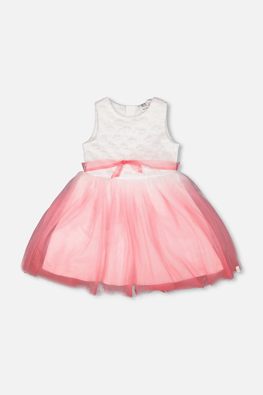 Bi-Material Pleated Mesh Dress White And Pink