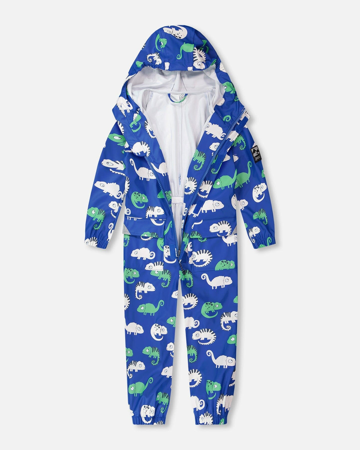 Blue rain jumpsuit with color-changing chameleon print
