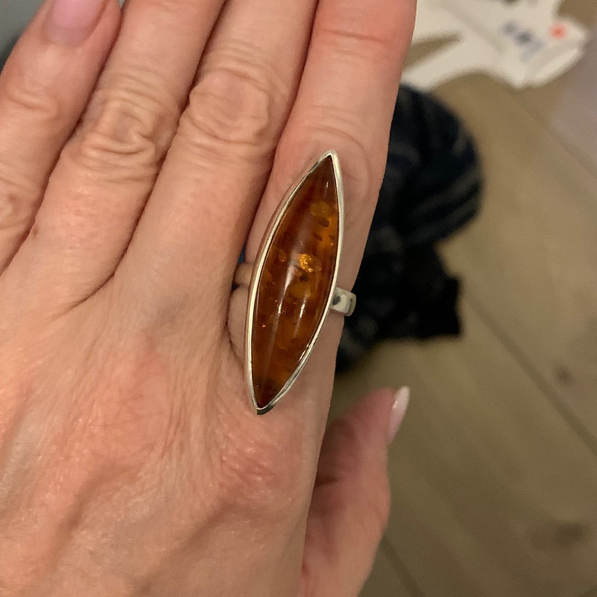 Golden Amber Marquise Ring — Baltic Amber & Sterling Silver