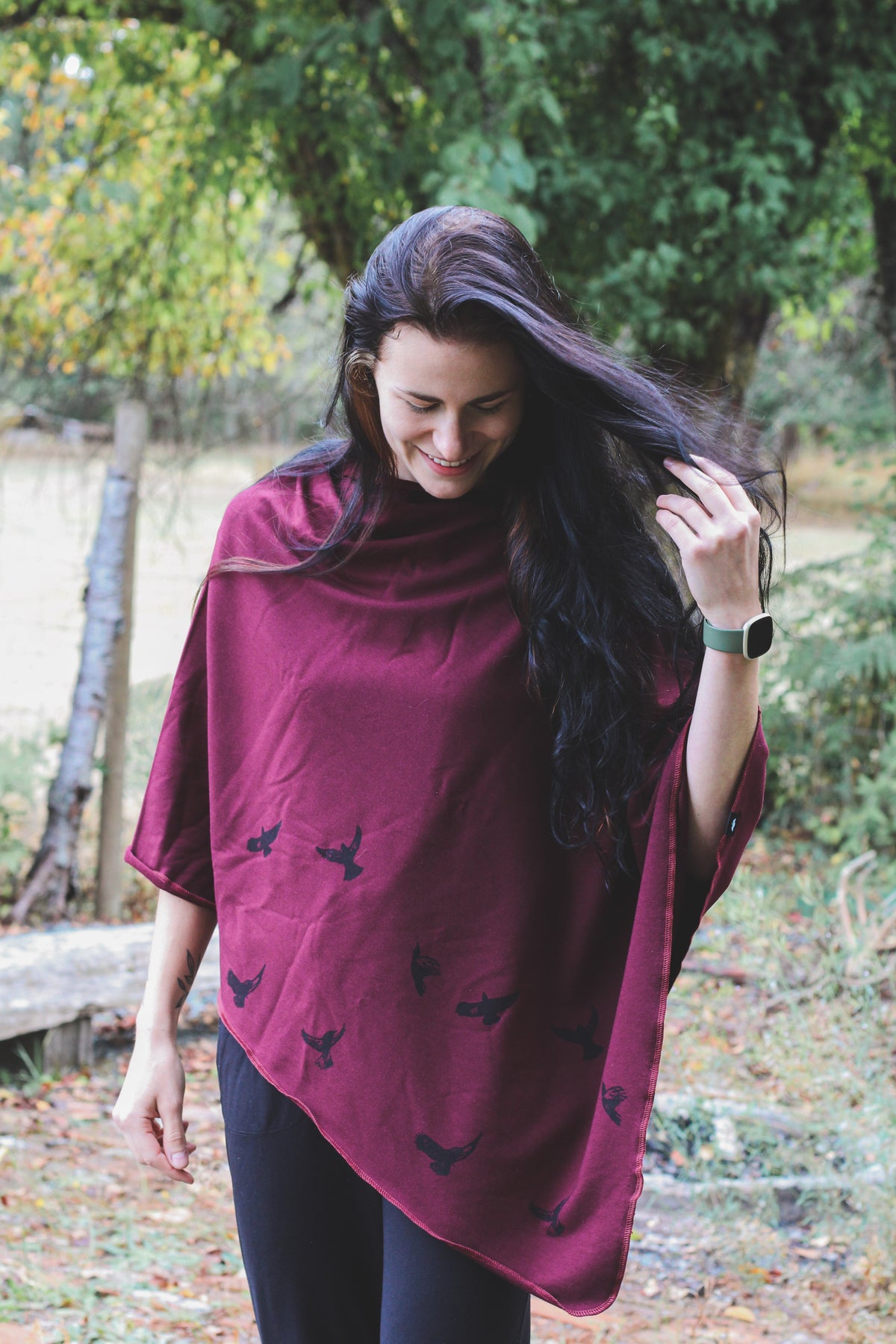 Merlot Poncho with Birds Print