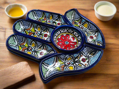 Appetizer & Dipping Plate Set Handcrafted 7-Piece Ceramic Palm shape