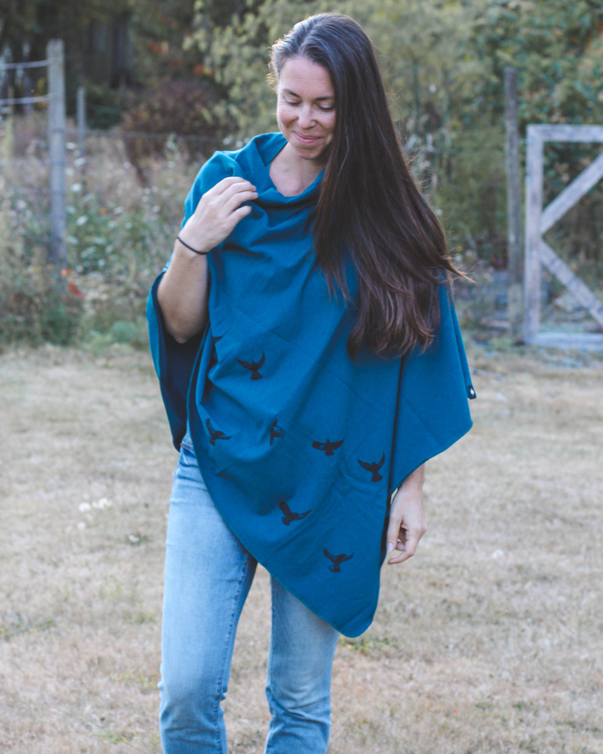 Moroccan Blue Poncho with Birds Print