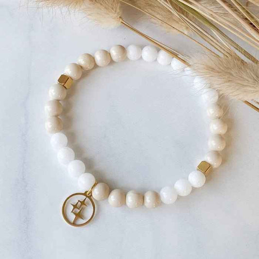 ORION | Bracelet en pierre de rivière, jade blanc et inox