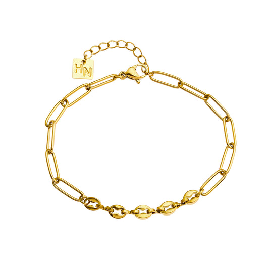 IZARA Paper-Clip & Oval-Beads Chain Bracelet in Gold