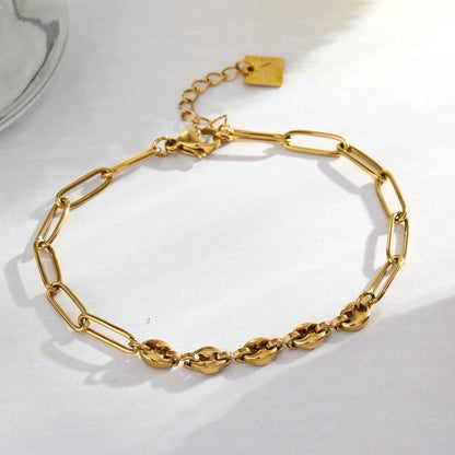 IZARA Paper-Clip & Oval-Beads Chain Bracelet in Gold