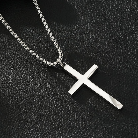 JENGO Silver (White Gold) Square Link Silver Chain Necklace with Minimalist Cross Pendant for Women or Men