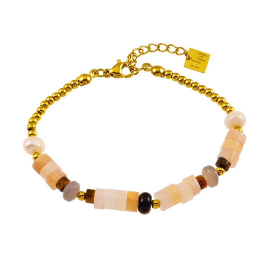 JERASA: Chalcedony Stones, Fresh Water Pearls & Gold Ball-Beaded Bracelet.
