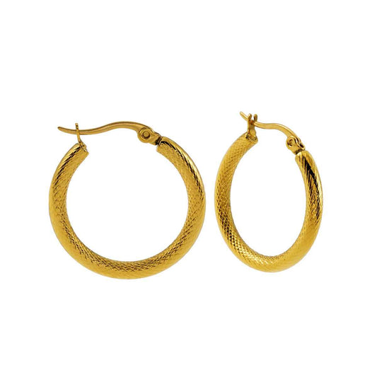 JUNKA Gold: Mid Width Basket Weave Patterned Day-to-Night Hoops