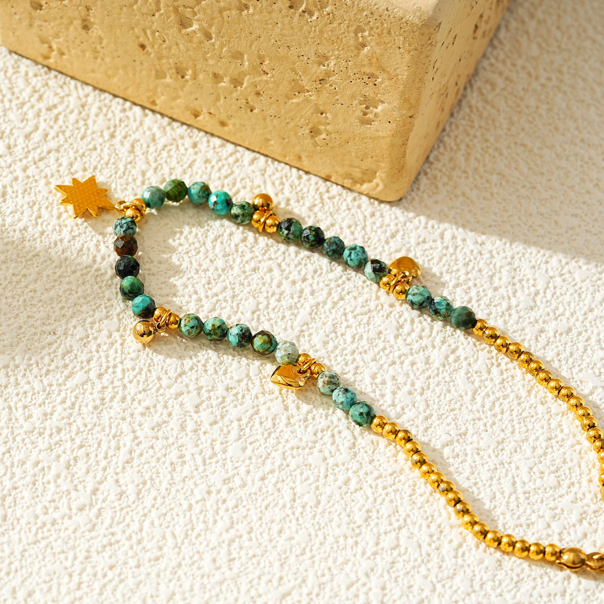 KAVYA LG: Blue Turquoise Stones with Gold Beads & Charms Chain Anklet