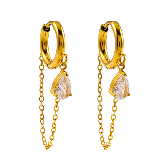 KAZUKA: Hoop Earrings with Pear-Shaped Zirconia Charm and Dainty Chain
