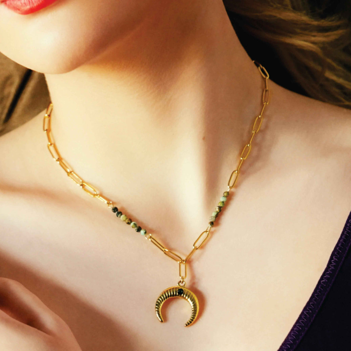 LILLE: Boho-Chic African Turquoise Natural Stone Crescent Moon Pendant Gold Necklace