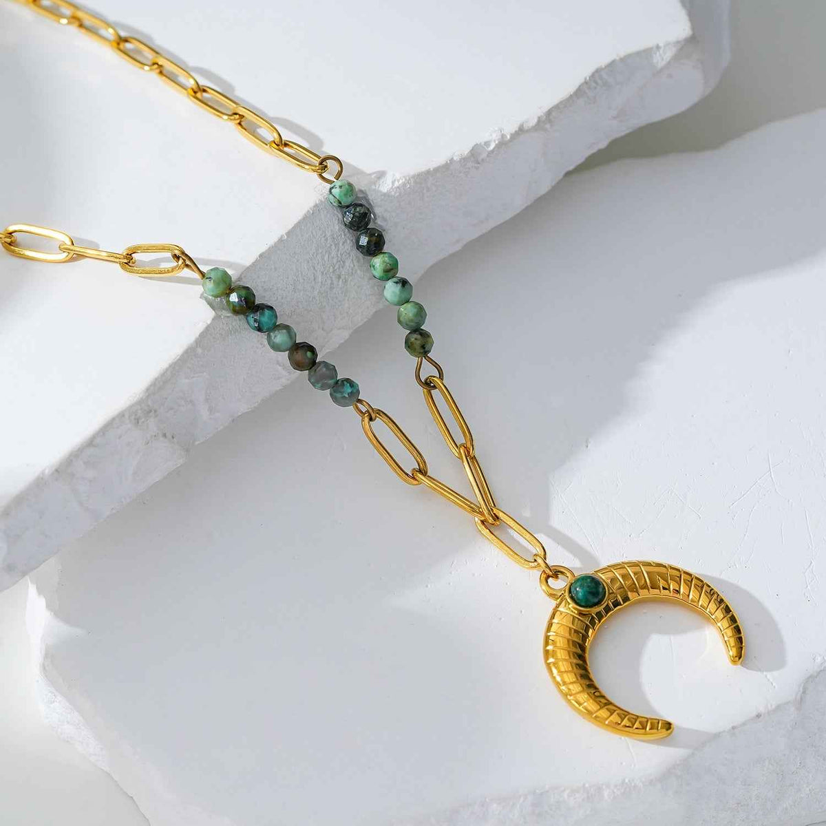 LILLE: Boho-Chic African Turquoise Natural Stone Crescent Moon Pendant Gold Necklace
