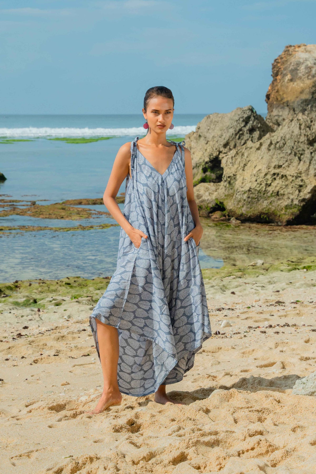 Leaf Print Romper - Grey & White