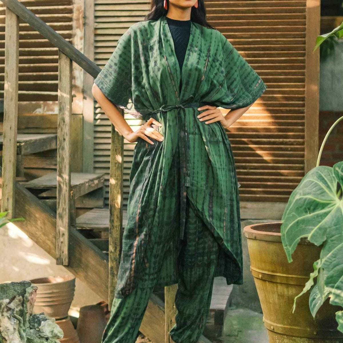 Tie Dye Long Kimono -Green & Gold