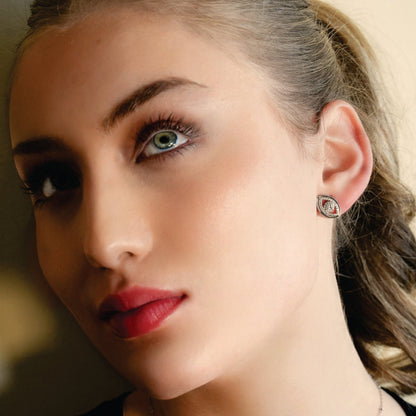 LUCKY EYE White Gold (Silver Toned): Zirconia (CZ) Embellished Evil Eye Stud Earrings