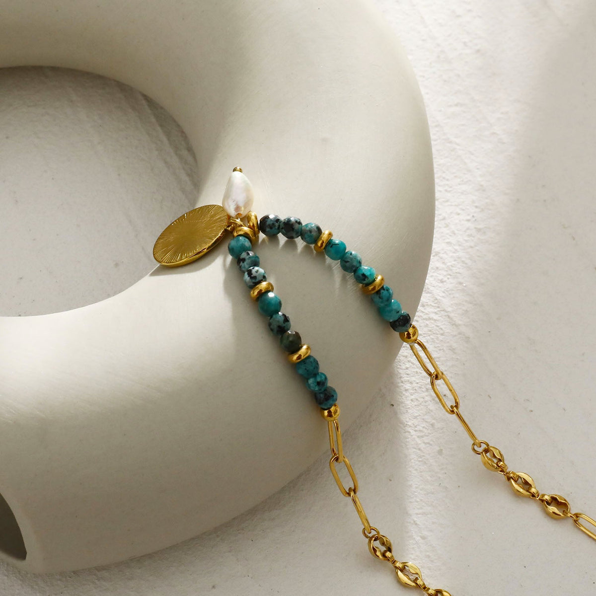 MEDELLIN: Contemporary Link Chain With AFRICAN TOURQUOISE Beads and a Duo of Pendants