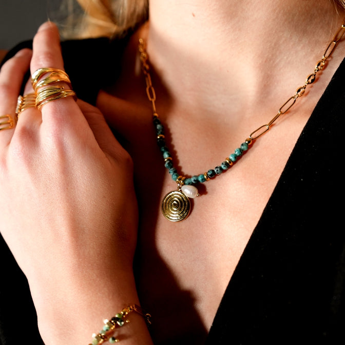 MEDELLIN: Contemporary Link Chain With AFRICAN TOURQUOISE Beads and a Duo of Pendants