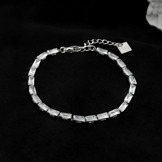 MELLISH: Retro Style Rectangle Zirconia (CZ) Tennis Bracelet in Silver Toned White Gold