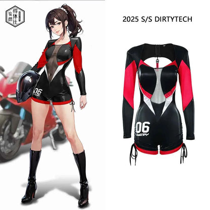 Black and Red One-Piece Spandex Race Queen Bodysuit Cotume with Sheer Mesh