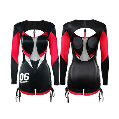Black and Red One-Piece Spandex Race Queen Bodysuit Cotume with Sheer Mesh