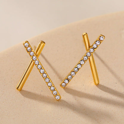 TESSA: Criss-Cross Duo Bars Stud Earrings with Zirconia Gemstones