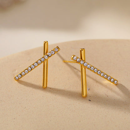 TESSA: Criss-Cross Duo Bars Stud Earrings with Zirconia Gemstones