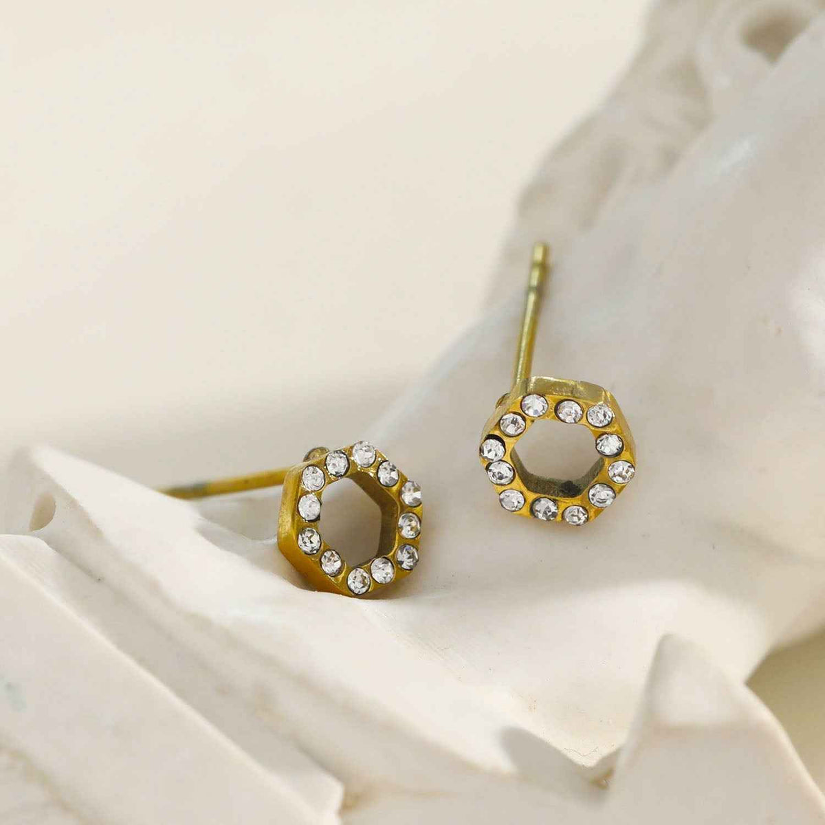 ELSA Gold: Hexagonal Zirconia Stud Earrings