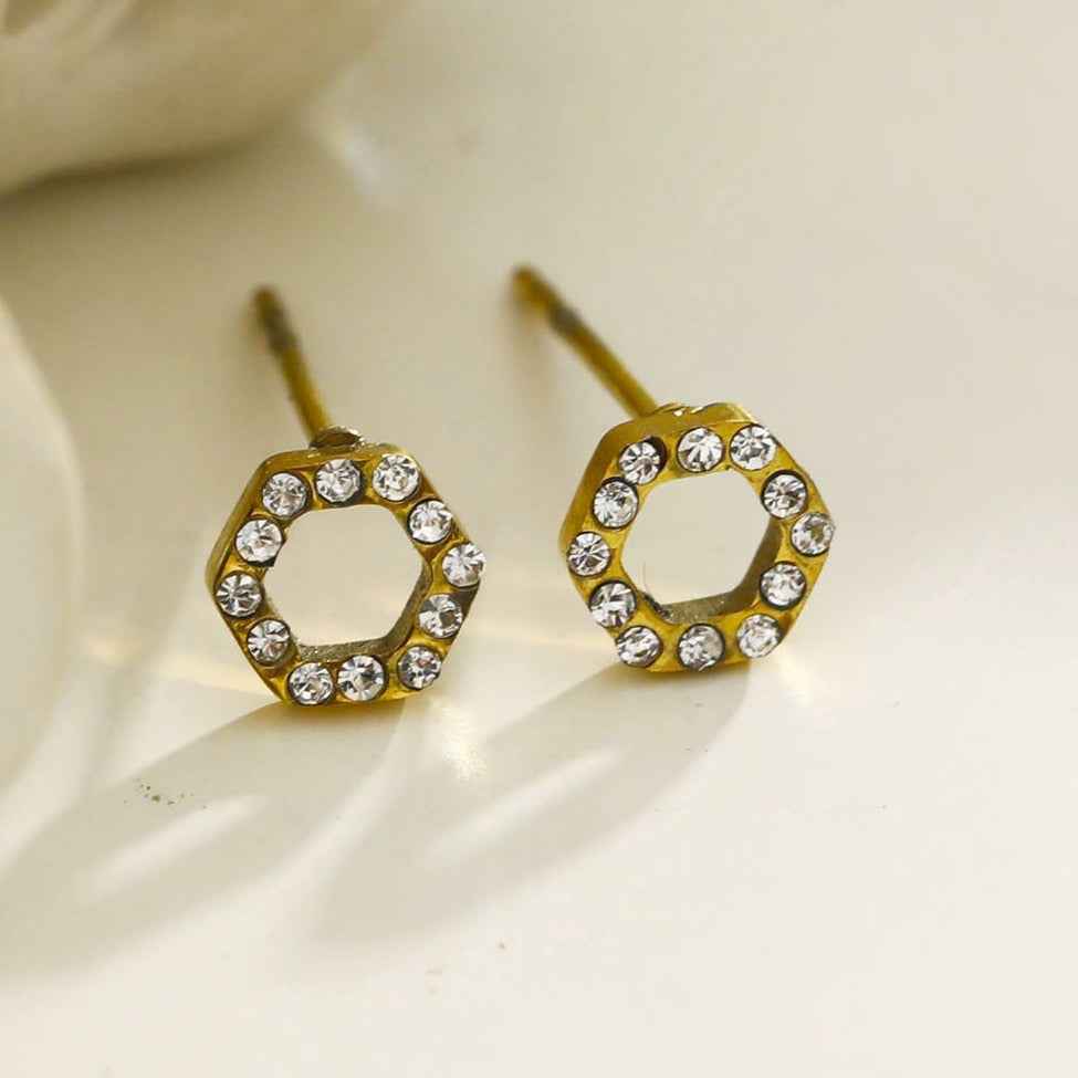 ELSA Gold: Hexagonal Zirconia Stud Earrings