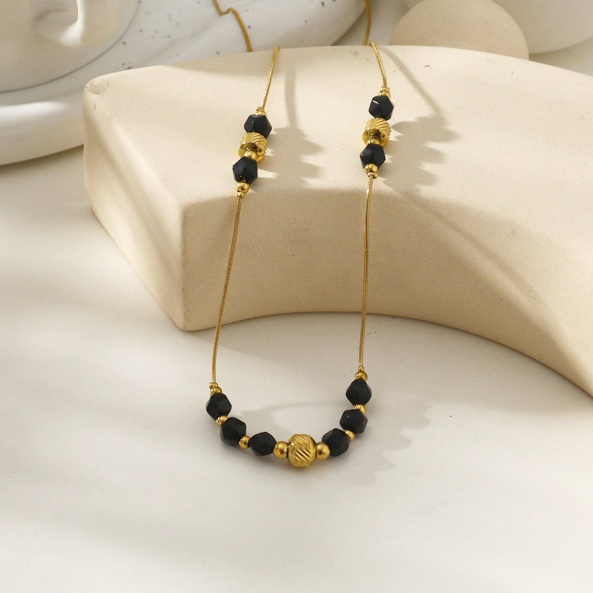 MARA Black Obsidian & Gold Beaded Chain Necklace