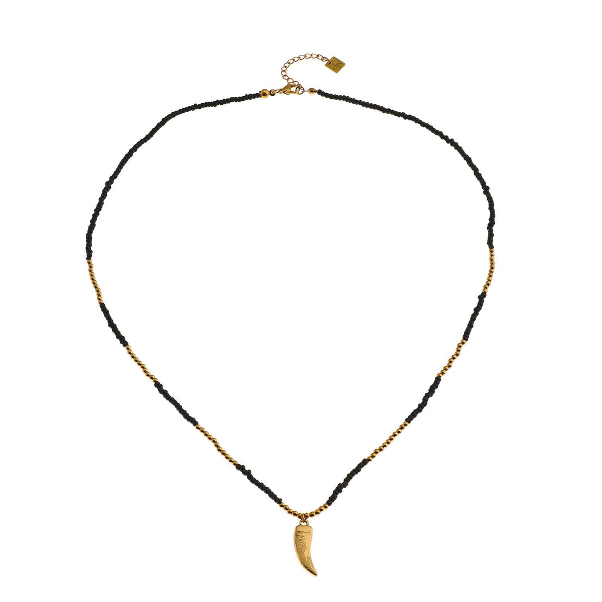 RITA Black & Gold Beaded Chain Necklace with Etched Gold Tooth Pendant