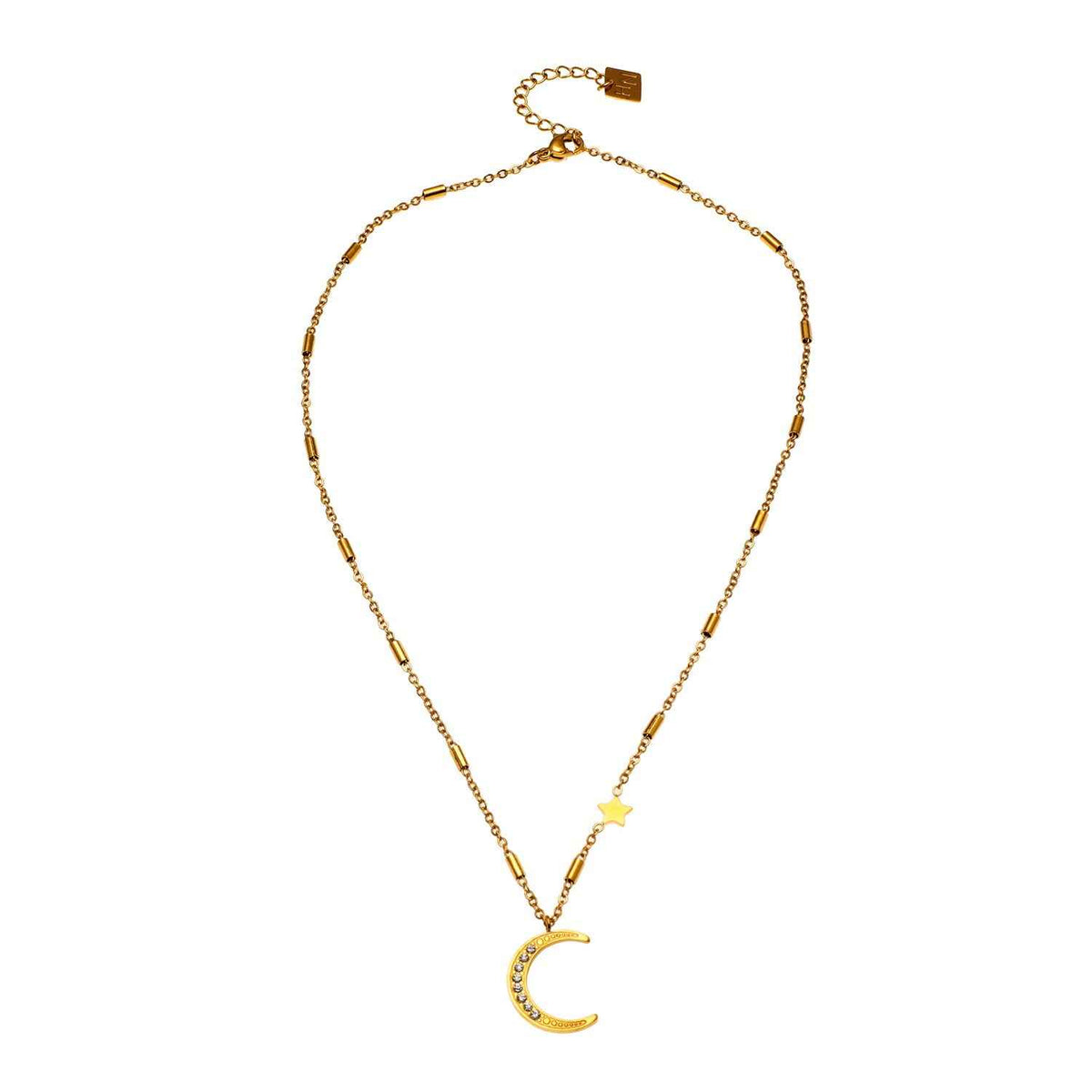 ALMERIA Gold: Celestial Magic - Zirconia Embedded Crescent Moon and Star Necklace