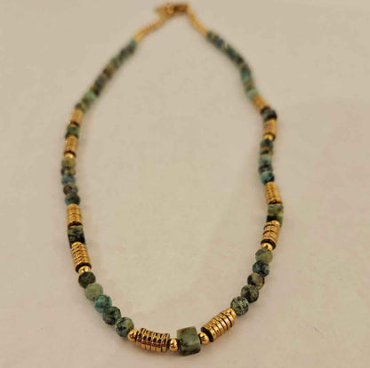 PHILIPPA: African Turquoise Stones and Gold Beaded Necklace