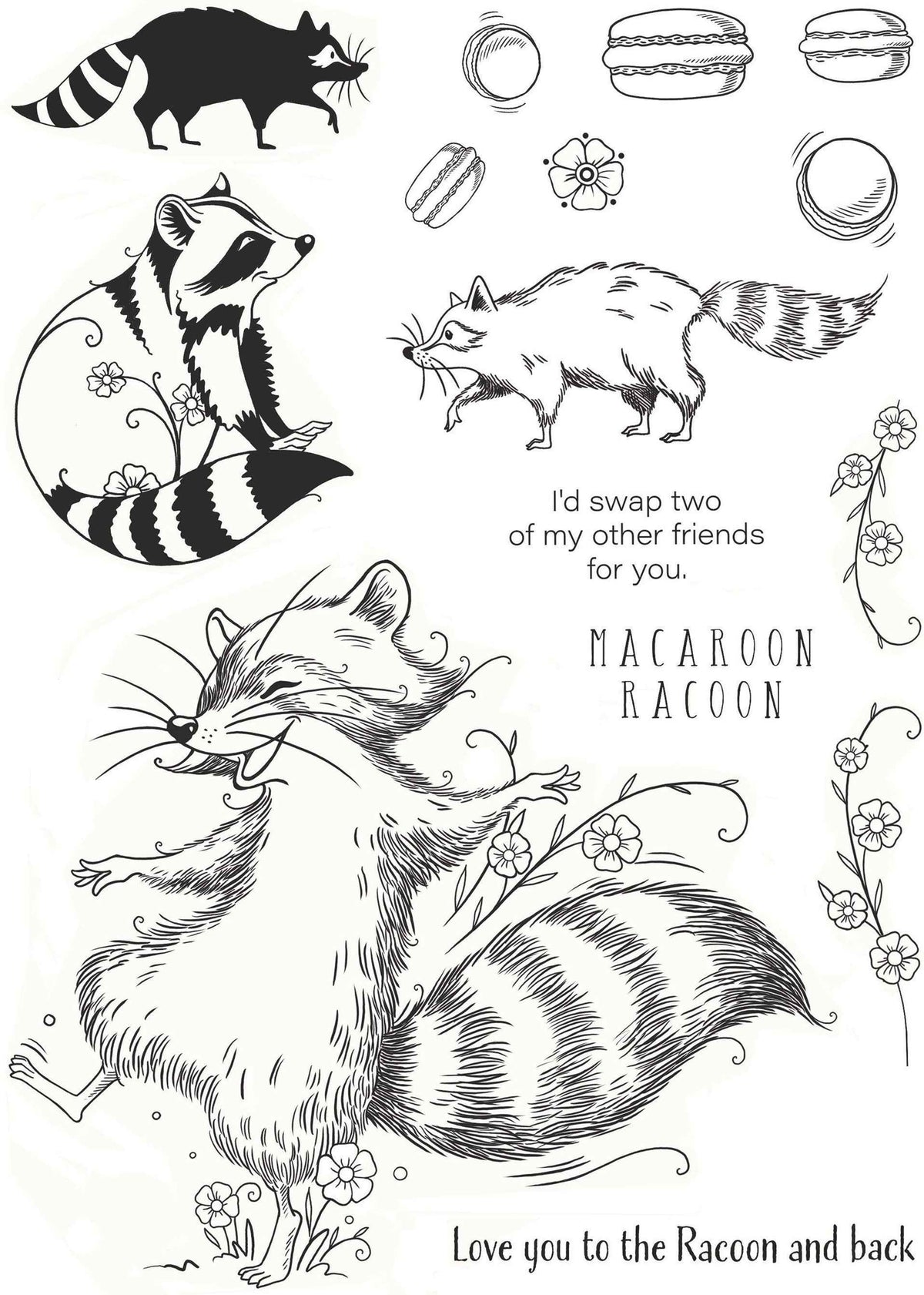 Pink Ink Designs Macaroon Racoon 6 in x 8 in Clear Stamp Set