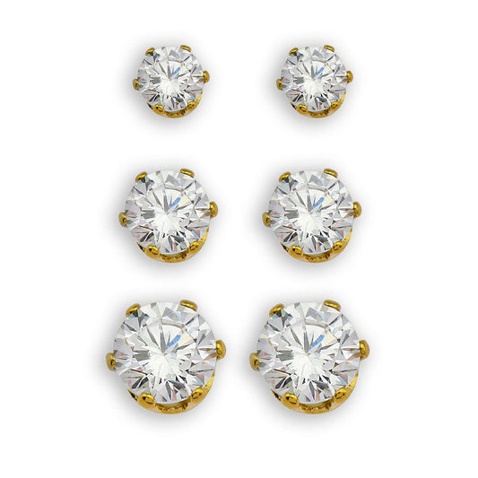 REIGN Gold:  3-Pair Zirconia Earrings Stud Set