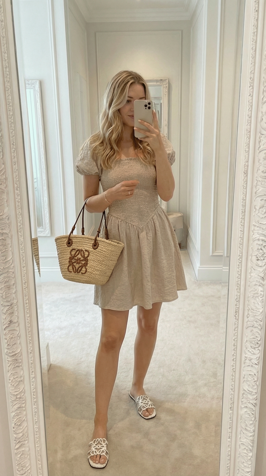 Ramona - Smocked Puff Sleeve Square Neck Dress Tan Gingham