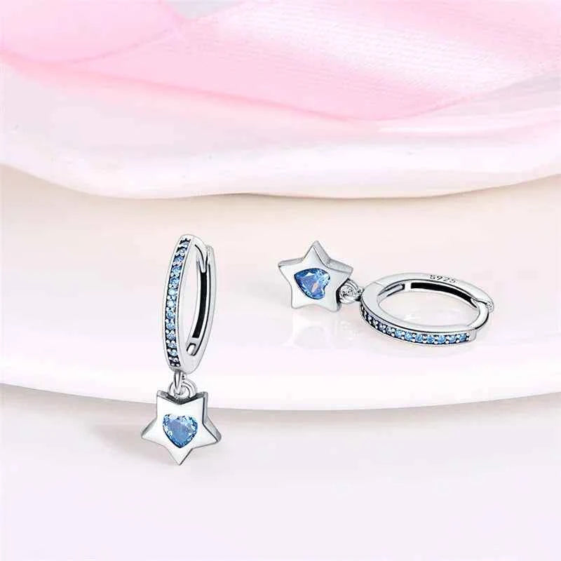 Celestial Charm Sterling Silver Hoop Earrings With Blue Star And Heart