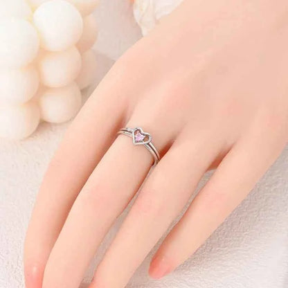 925 Sterling Silver Pink Double Heart Ring