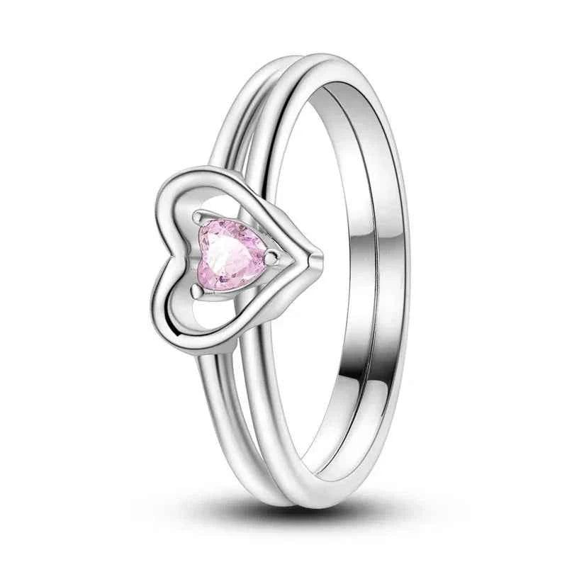 925 Sterling Silver Pink Double Heart Ring