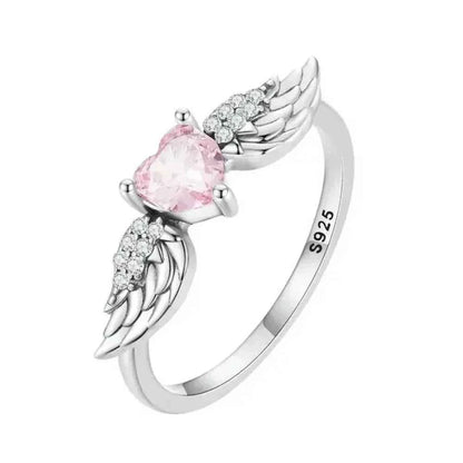 925 Sterling Silver Pink Heart Wing CZ Ring