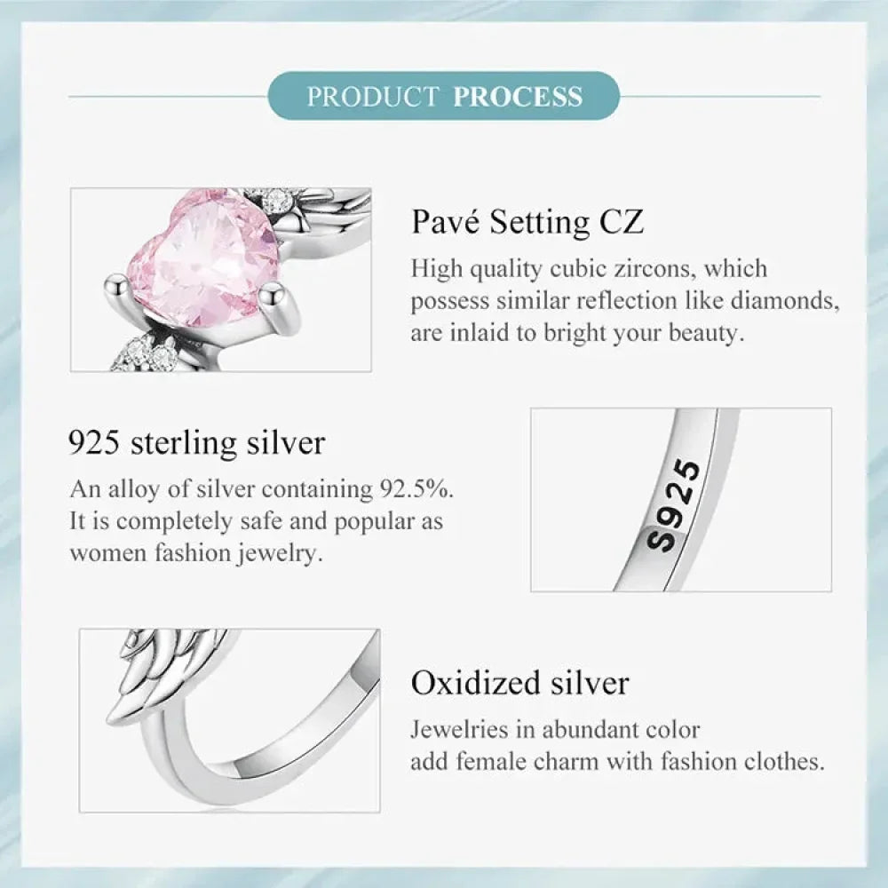 925 Sterling Silver Pink Heart Wing CZ Ring