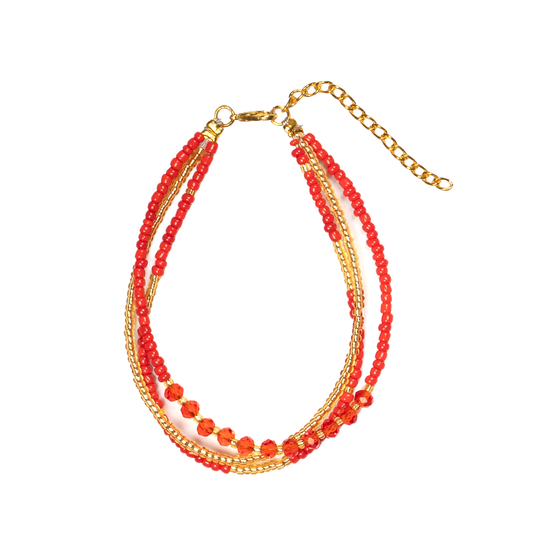 Triple Strand Bracelet with Crystal Bead In Red & Gold