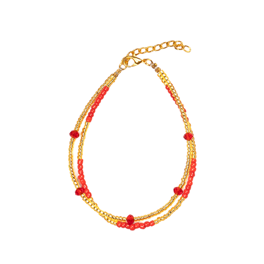 Double Strand Bracelet with Crystal Bead In Red & Gold